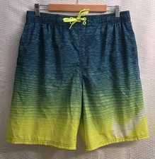 Nike Men's L Fade Horizon Stripe Volley Swim Trunks Lined Teal Green Yellow GC
