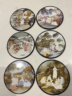 Vintage Set 6 x Kim Jong Rae 4'' Durchmesser asiatische Korkuntersetzer Koreanisch