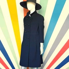 1960s Mod Saks Fifth Avenue Black Ribbed Wool Double Breasted Coat Jacket VNTG