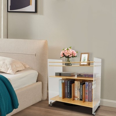 Acrylic&Bamboo End Table Side Table Modern 3-tier End Table with Four Wheels USA