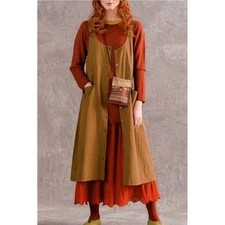 Gudrun Sjoden Balalaika Organic Cotton Linen Button Front Pinafore Dress Brown M