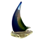 Murano Style Hand Blown Sailboat Blue Green Art Glass Boat Vintage 8"