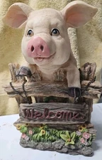Welcome Piggy On Fence Pig Figurine Chain Sign 14" Happy, Flowers