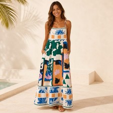 Womens Small Resortwear Bright Print Maxi Dress Colorful Art Tropical Summer