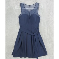 GUESS Dress Womens 2 Sheer Neckline Pleated Party Belted Navy Blue Event Zip