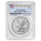 2021 $1 1-oz T2 American Silver Eagle PCGS MS70 FDOI Flag Label Reverse