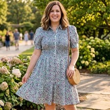 J.Crew Women Floral Smocked Shirt Dress Medium Short Sleeve Cotton Purple Green