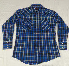 VINTAGE PLAINS WESTERN PEARL SNAP PLAID BLUE WHITE BUTTON UP SMALL SHIRT M50