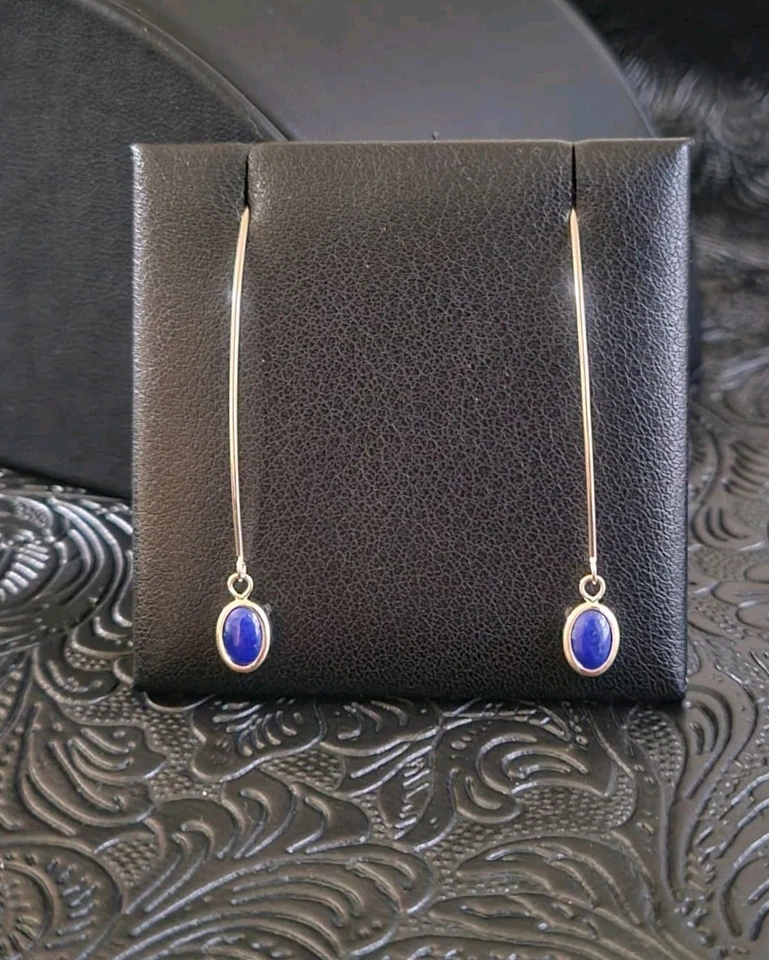 14k Gold Lapis Lazuli Wire Hoop Earrings - Image 2 of 4
