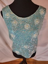Vintage 1960s Blue Sequin  Bead Sleevless Wool Top Size S