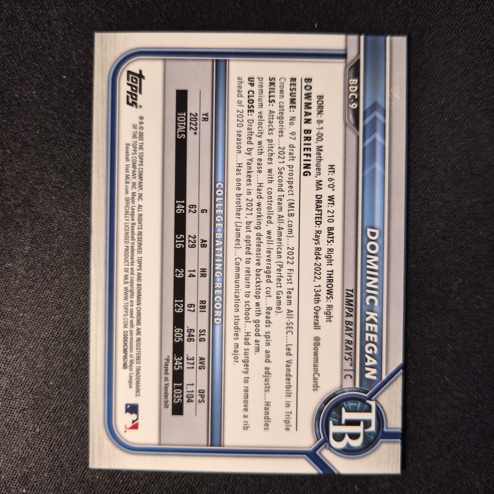 2022 Bowman Chrome Draft Sapphire Edition Dominic Keegan #BDC-9 Yellow 61/99 MLB view 3