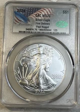 2024 American Silver Eagle $1 CAC MS70 First Delivery Signed By Paul Nugget