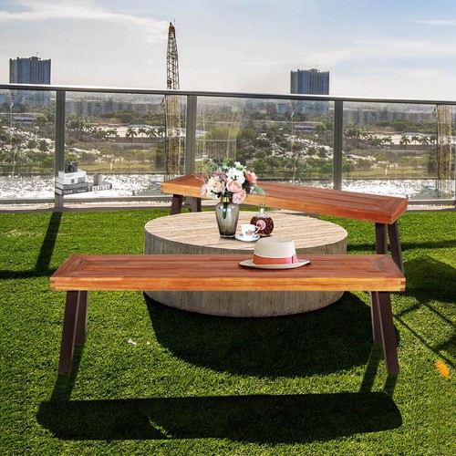 Outdoor Acacia Wood Bench Backless Dining Stool Seating with Rustic Steel Legs - Picture 5 of 16