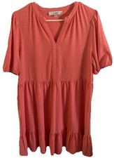 Loft Dress L Coral Orange Minimalist Midi V Neck Pullover