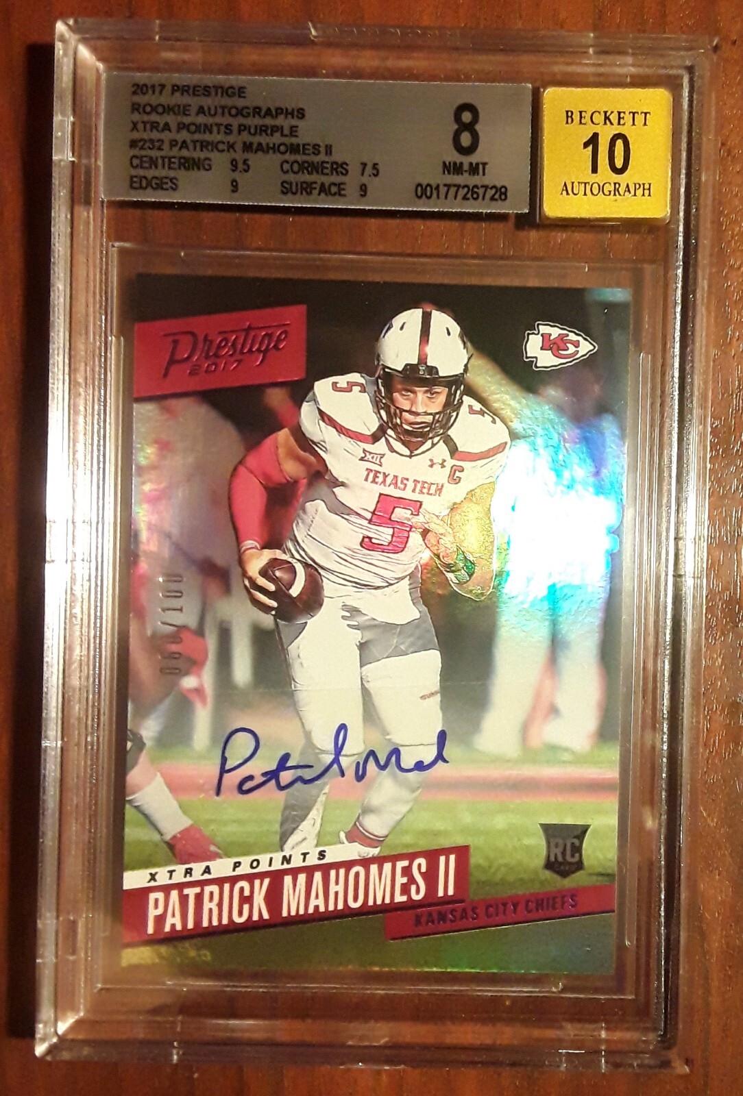 2017 Prestige Patrick Mahomes RC #232 Rookie Autographs Xtra Points Purple /100