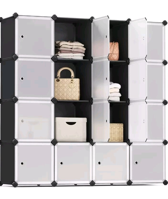 SONGMICS 16-Cube DIY Storage Organiser Unit, Plastic Closet Cabinet, Wardrobe