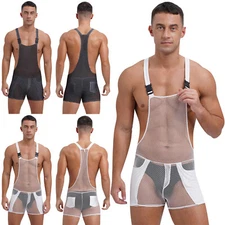 Mens Bodysuit Shoulder Straps Jumpsuit Wrestling Singlet Catsuit Fitness Sexy