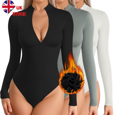 Womens Bodysuit Fleece Lined Long Sleeve Mock Turtle Neck