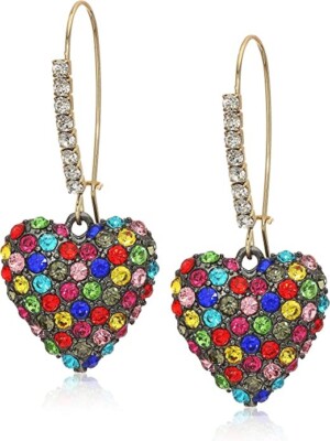 Betsey Johnson Stone Heart Dangle Earrings Rainbow Pave Stones Crystal Accents