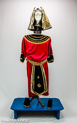 Egyptian Man 6 Piece Red Velour & Gold Lame' Tunic Collar Belt Headpiece Cuffs L