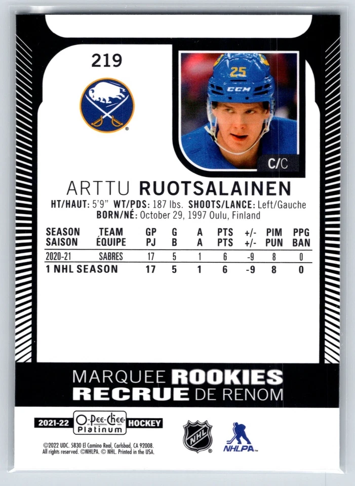 2021-22 O-Pee-Chee Platinum Marquee Rookies 219 Arttu Ruotsalainen RC - Image 2 of 2
