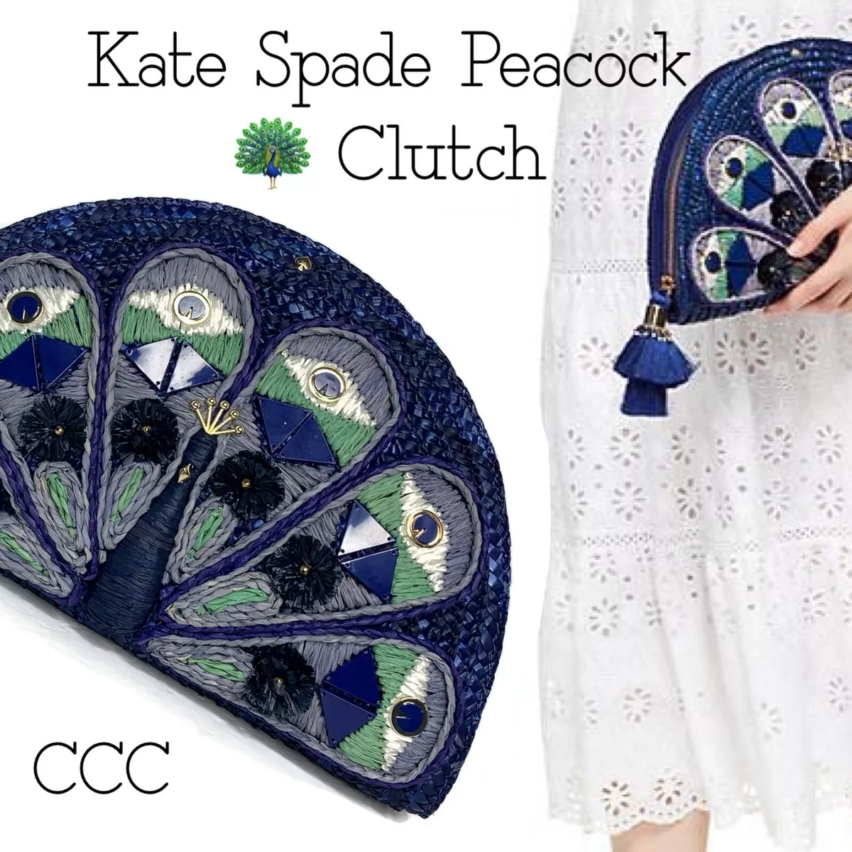 NWT Kate Spade Full Plume Embroidered Straw Peacock Clutch Peacock Wicker Bird