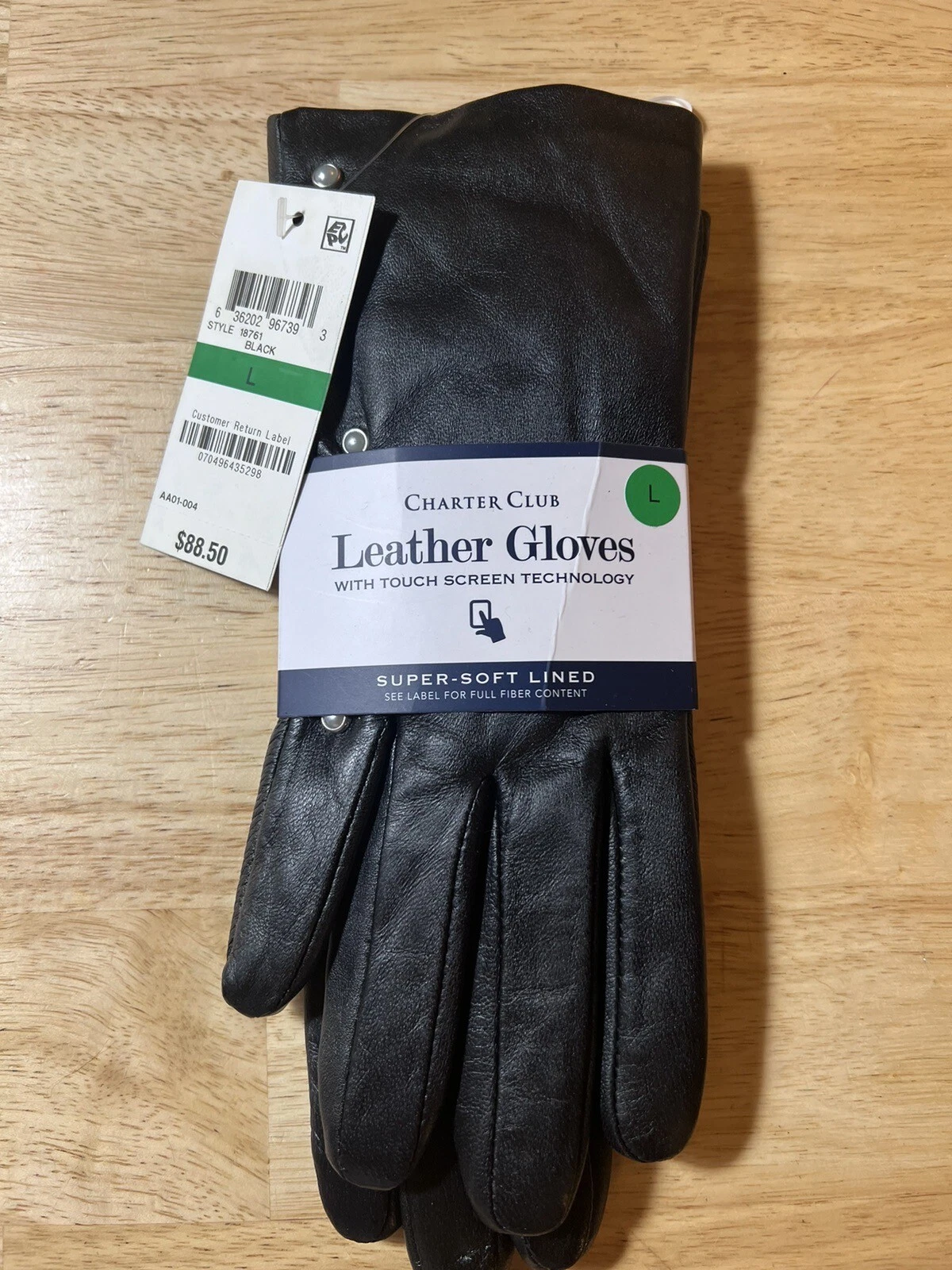 Large Charter Club Women's Lined Leather Gloves In Black With Pearl Accents