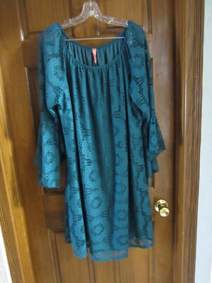 Honeyme Curvy Teal Green Lined Lace Dress with Flutter Hem Sleeves - Size 3XL