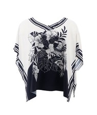 Colleen Lopez Split Neck Printed Woven Poncho NAVY S NWOT 727 