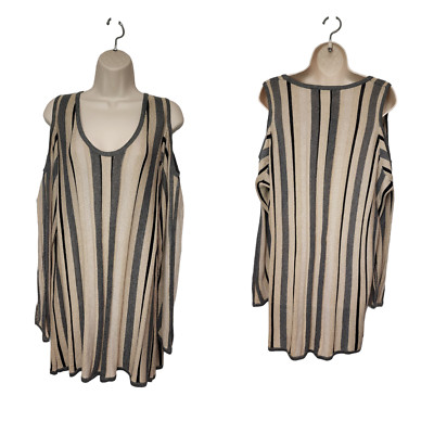 Jump & Onot Cold Shoulder Long Sleeve Stiped Black/ Gold Tunic Sweater Top  4 