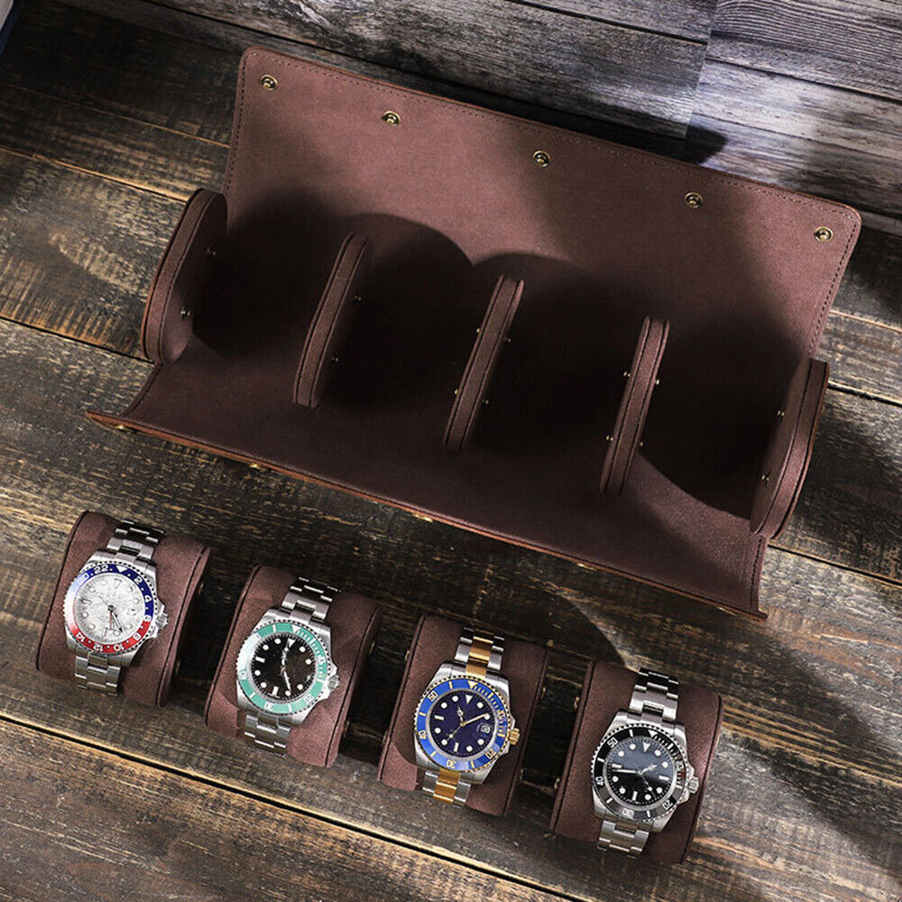 Retro 4 Slots Watch Roll Storage Box Genuine Leather Watches Travel Display  Case | eBay