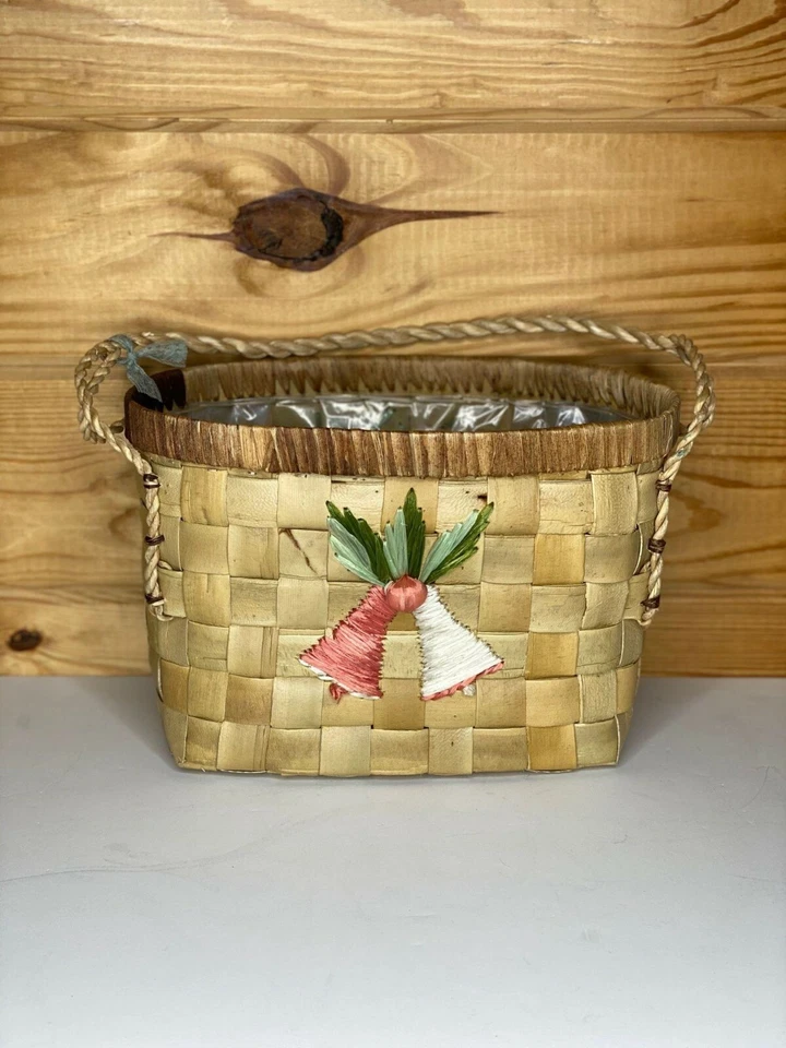 VTG Rope Handle Basket w-Hand Stitched Bells - 14" Tall/ Home Decor - Image 4 of 4