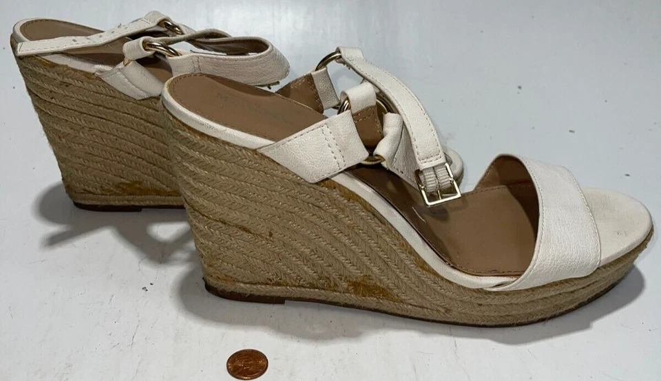 Sandalias Merona Plataforma Tacones Cuña Talla 11 Blanco Punta Abierta Eslinga Trasera Lona Foto 3 de 4