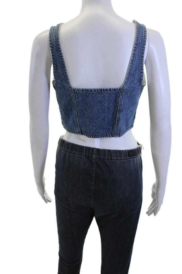 Camiseta sin mangas recortada azul cuello cuadrado cremallera algodón sin mangas años 90 talla S con marco para mujer Foto 3 de 4