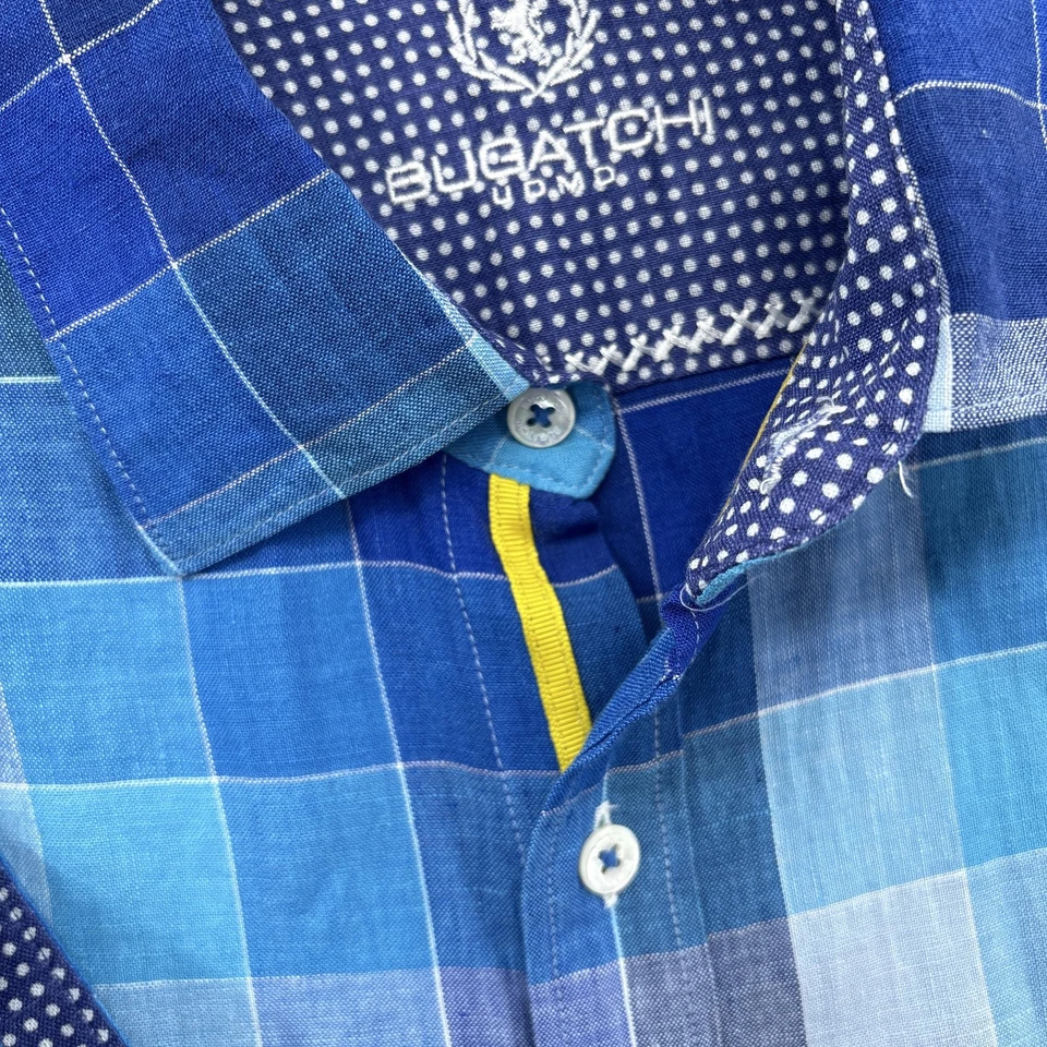 Bugatchi Uomo Shirt Mens XL Blue Plaid Linen Shaped Fit Button Front Flip Cuffs - Image 4 of 4