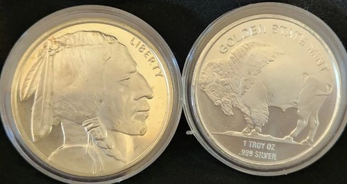 2 x 1 Troy Oz .999 Silver Buffalo Indian Head Golden State Mint Round