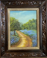 Bluebonnet Oil Painting-Hill Country Landscape-Great Antique Frame