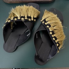 Topshop Black Gold Fifi Fringe Leather Flat Slide Sandals