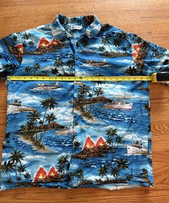 VTG Aloha Republic Hawaiian Shirt Hawaii USA ships planes palm trees volcanoes
