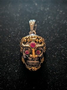 Authentic Tibetan Skull Pendant, Amulet,, Gold-plated, Ruby Red Eyes
