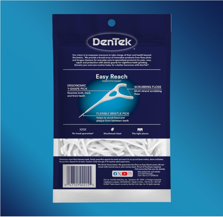 DenTek Complete Clean Easy Reach Floss Picks, No Break & No Shred Floss, 75 Coun