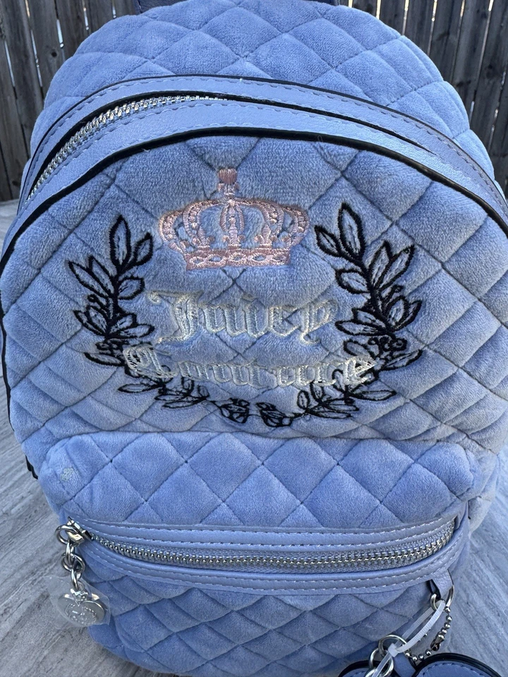Juicy Couture Royal Moment Velour Backpack Medium Slate Blue HTF! - Image 4 of 4