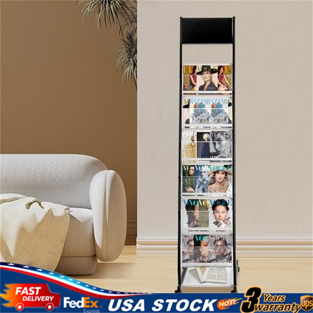 Magazine Holder, 6-Layer Rolling Display Stand with Metal Frame & Locking Wheels