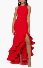 Betsy  Adam Red Tiered Ruffles Scuba Crepe Gown 4505 Size 2