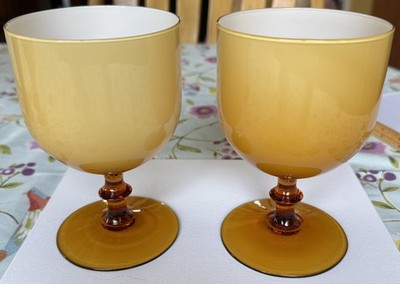 2 Vintage Carlo Moretti Goblets Cased Glass Butterscotch & White Amber Stem MCM