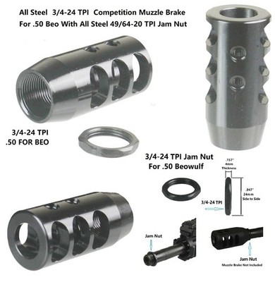 All Steel 3/4-24 TPI  12.7x42 mm .50 Beo Muzzle Brake With 3/4x24 TPI Jam Nut