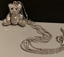 Articulated Rhinestone Teddy Bear Pendant 3 Strand Necklace