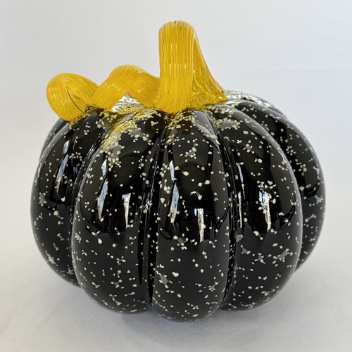 Hand Blown Art Glass GLOW-IN-THE-DARK Speckled 6" Pumpkin Black w/Yellow Stem