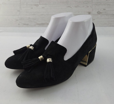 Karl Lagerfeld Loafers Womens 8 Black Suede Tassel Block Heel Dress Shoes