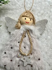 New Christmas Angel in Fuzzy Gray Dress Ornament w/ Stars & Heart - 6.5”